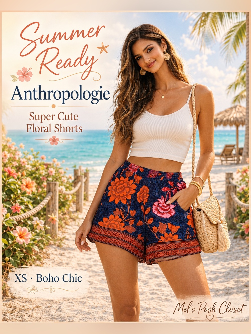 Anthropologie Navy Floral Shorts with Orange and Pink Blooms🌺🌺
